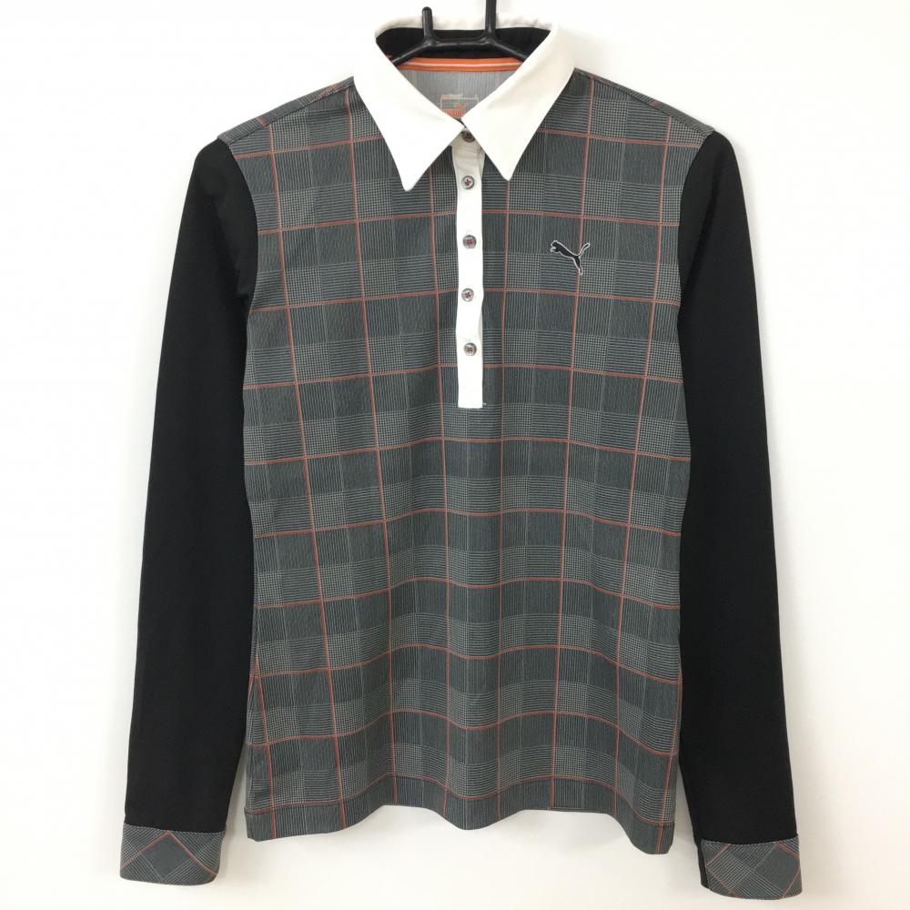 【超美品】PUMA プーマ 長袖ポロシャツ 黒×グレー チェック  レディース 0(XL) ゴルフウェア