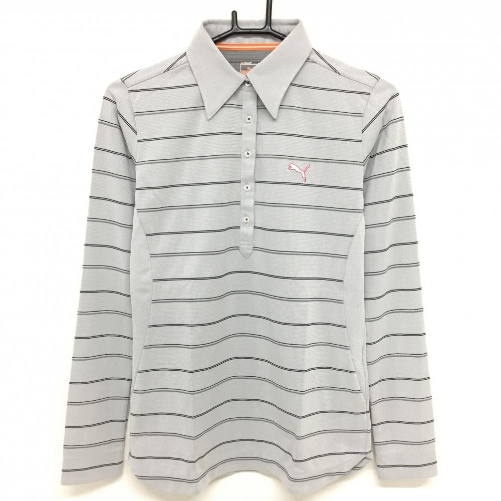 【超美品】プーマ 長袖ポロシャツ ライトグレー×黒 ボーダー ロゴ刺しゅう レディース O ゴルフウェア PUMA