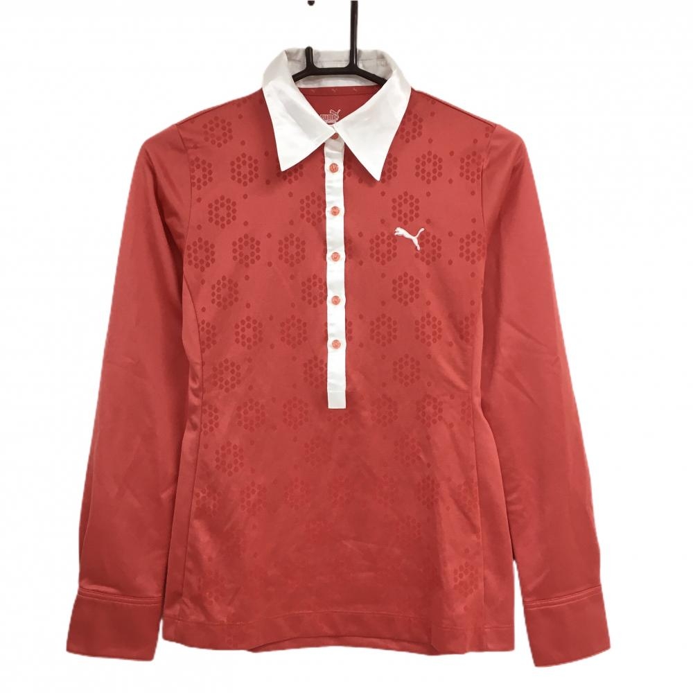【美品】プーマ 長袖ポロシャツ レッド 前身頃地模様 襟・ロゴ白  レディース L ゴルフウェア PUMA