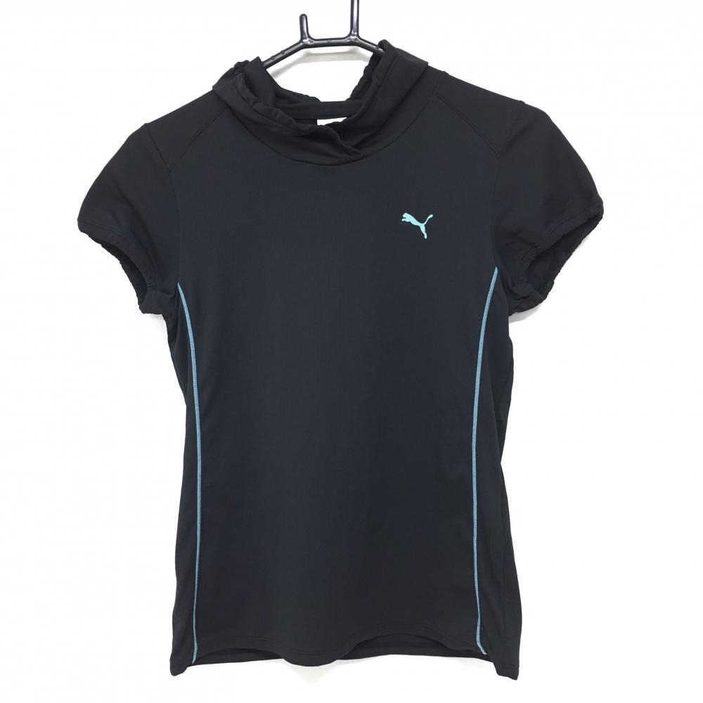【超美品】プーマ 襟付き半袖シャツ 黒 ロゴライトブルー レディース S ゴルフウェア PUMA