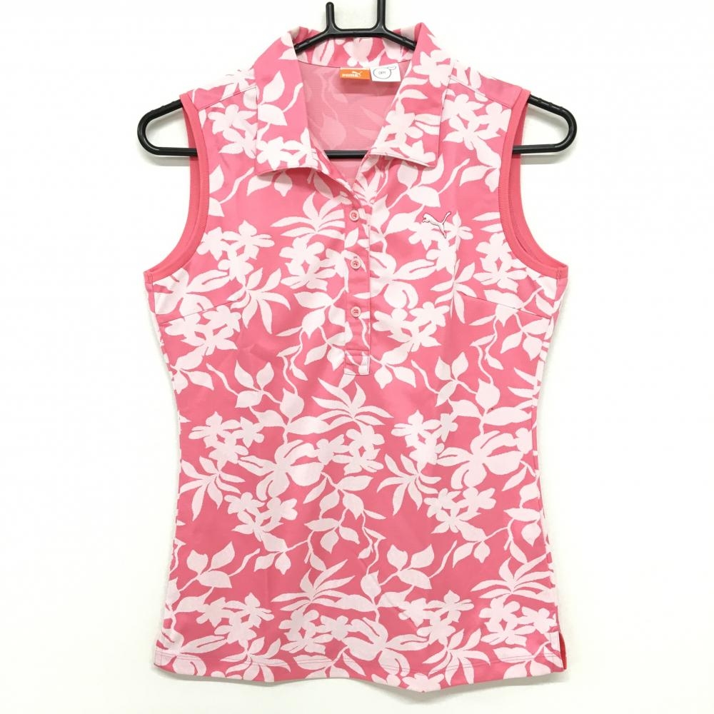 プーマ ノースリーブポロシャツ ピンク×白 総柄 ロゴ刺しゅう  レディース O ゴルフウェア PUMA