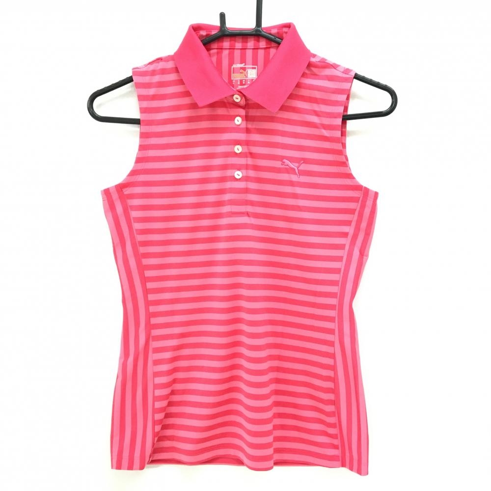 【超美品】プーマ ノースリーブポロシャツ ピンク ボーダー ロゴ刺しゅう レディース US-S ゴルフウェア PUMA
