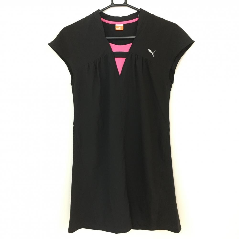 【超美品】PUMA プーマ 半袖ワンピース 黒×ピンク フレンチスリーブ 一部メッシュ シンプル レディース L ゴルフウェア