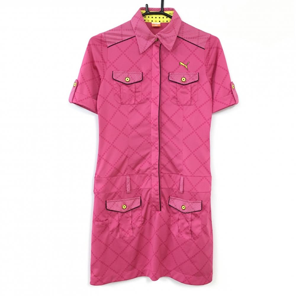 【超美品】PUMA プーマ 半袖ワンピース ピンク×白 ドット柄 胸ポケット 総柄 レディース M ゴルフウェア