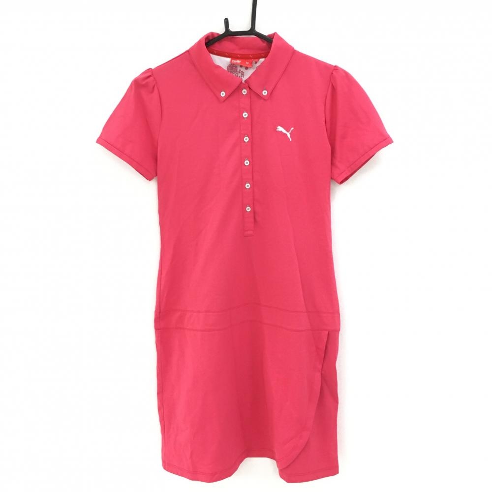 【超美品】プーマ 半袖ポロワンピース ピンク ボタンダウン ロゴ刺しゅう レディース M ゴルフウェア PUMA