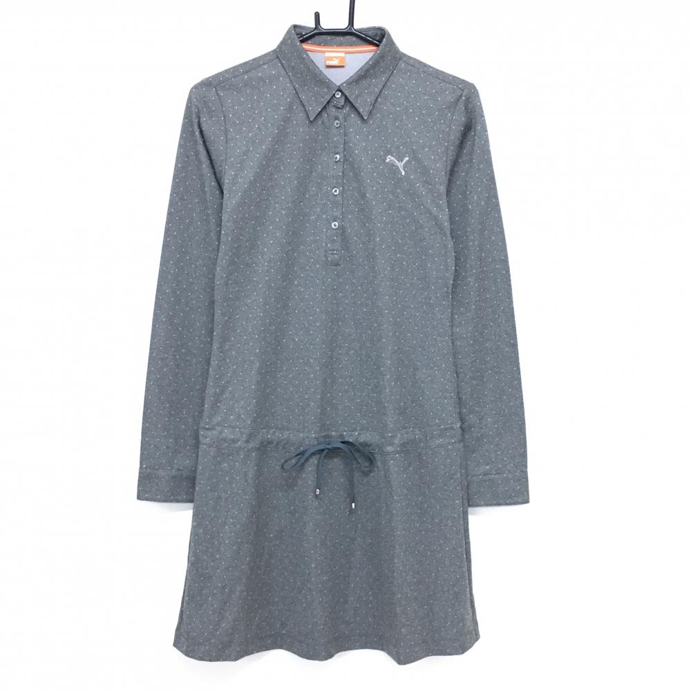 【超美品】プーマ 長袖ポロワンピース グレー×白 ピンドット DRYCELL レディース O(XL) ゴルフウェア PUMA