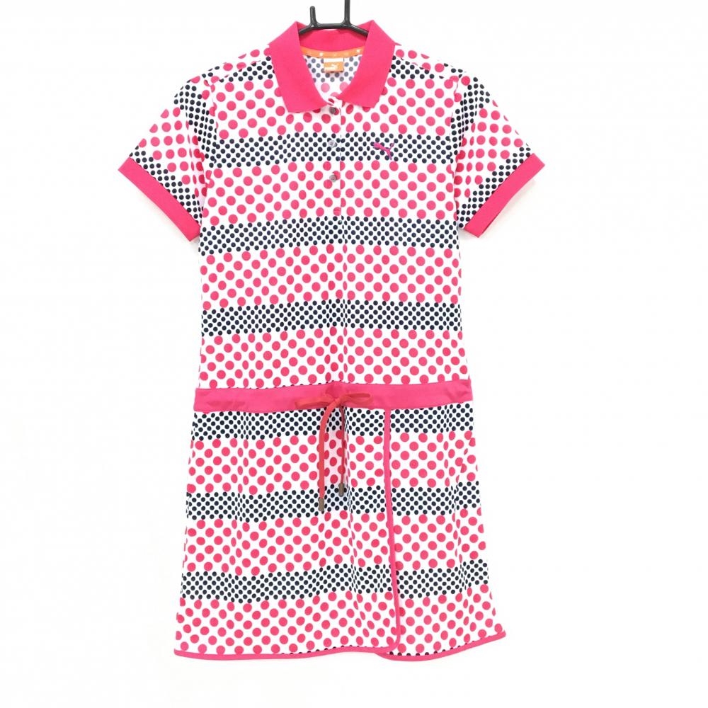 【超美品】プーマ 半袖ポロワンピース 白×ピンク ドット総柄 ロゴ刺しゅう ウエスト調節紐 レディース O ゴルフウェア PUMA