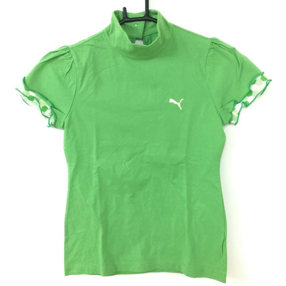 PUMA プーマ 半袖ハイネックシャツ ライトグリーン×白 袖レイヤード ストレッチ レディース M ゴルフウェア