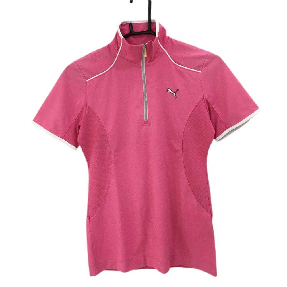 プーマ 半袖ハイネックシャツ ピンク×白 ハーフジップ ロゴ刺しゅう  レディース L ゴルフウェア PUMA