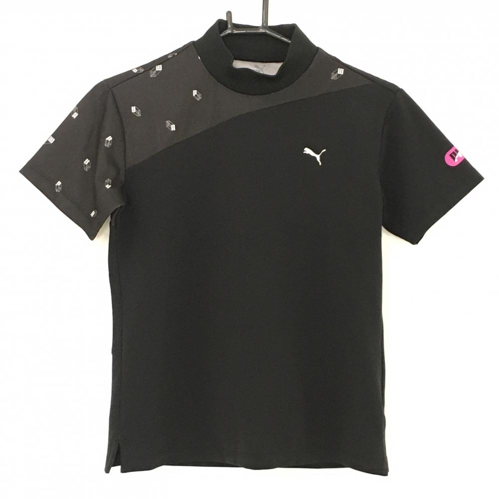 プーマ 半袖ハイネックシャツ 黒 シルバーロゴ 一部柄 レディース M ゴルフウェア PUMA