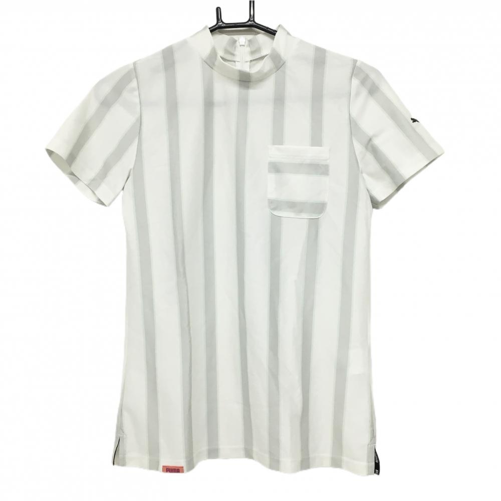 【超美品】プーマ 半袖ハイネックシャツ 白×グレー ストライプ バックジップ レディース M ゴルフウェア PUMA