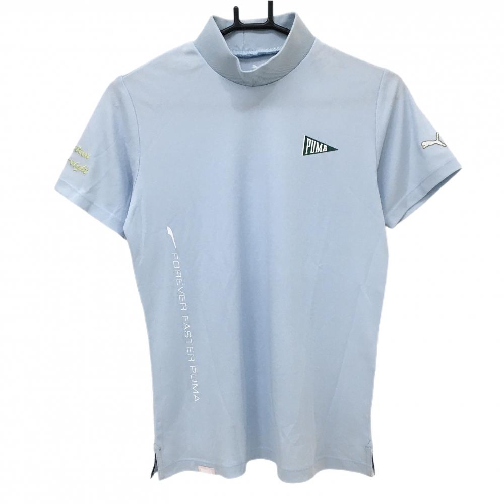 【新品】プーマ 半袖ハイネックシャツ ライトブルー ロゴプリント COOL レディース L ゴルフウェア PUMA