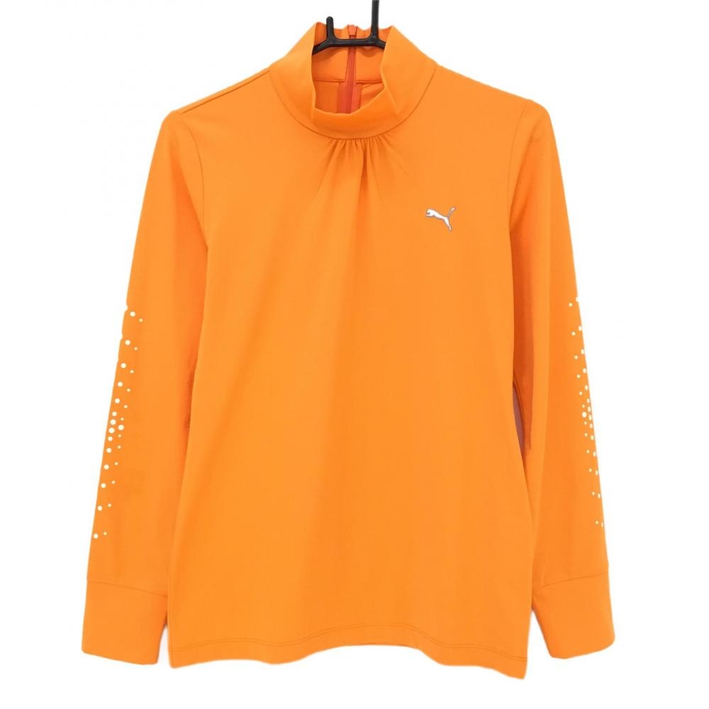 プーマ 長袖ハイネックシャツ オレンジ×白 後ろジップ ロゴ刺しゅう  レディース Ｌ ゴルフウェア PUMA