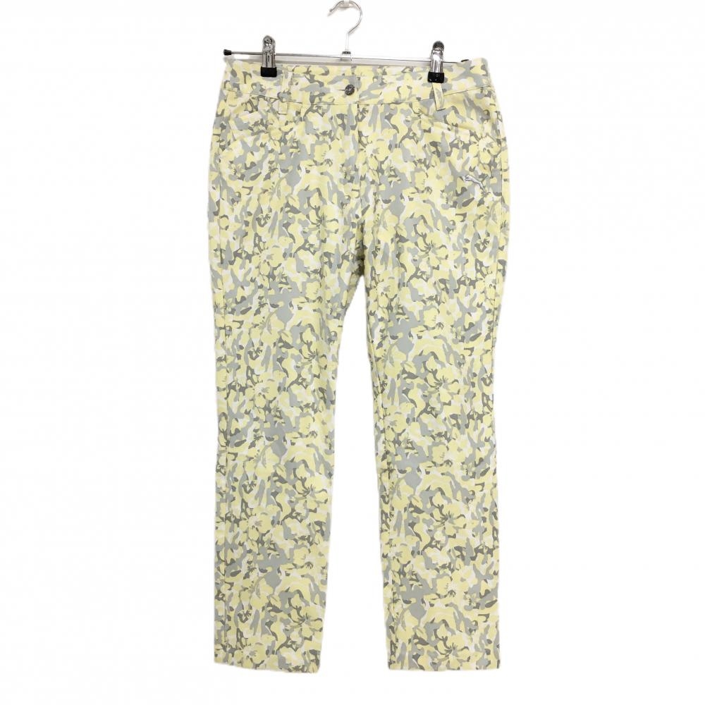 【美品】プーマ パンツ イエロー×グレー 総柄 ハイビスカス ストレッチ レディース L ゴルフウェア PUMA