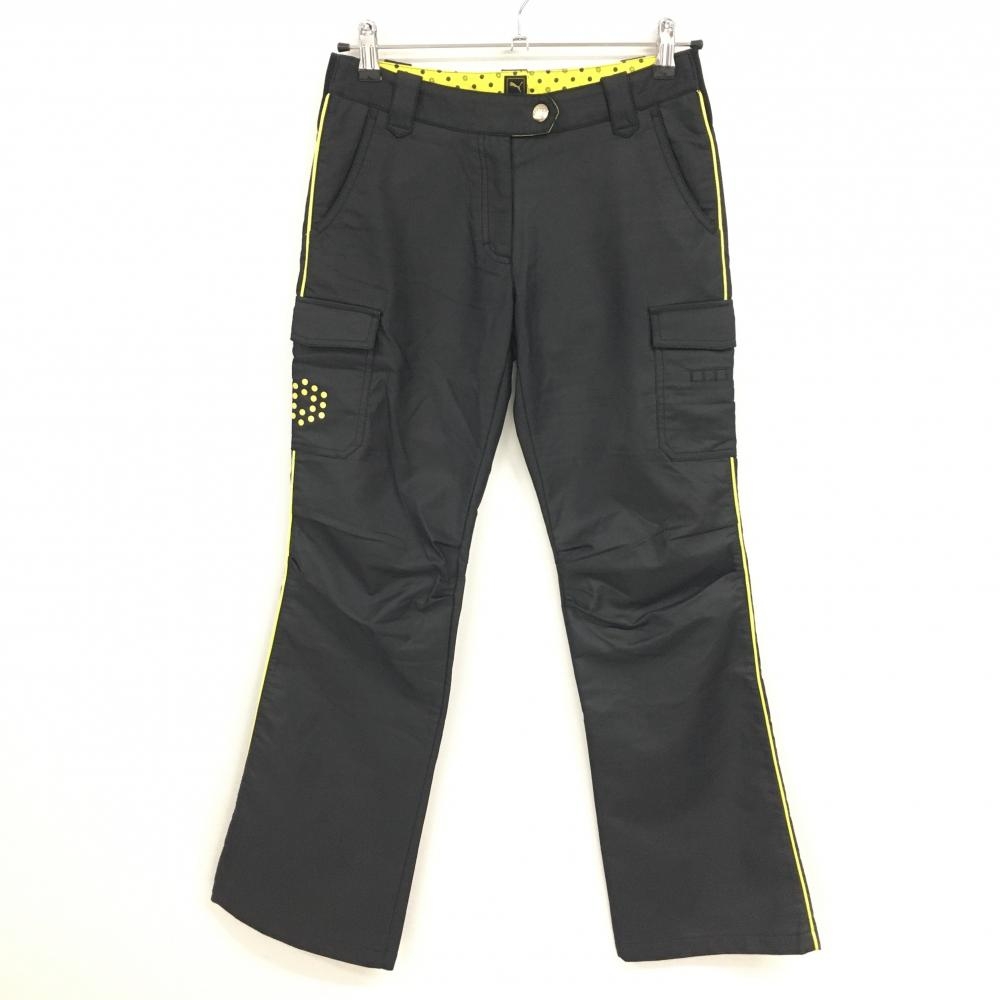 【美品】プーマ カーゴパンツ 黒×イエロー サイドライン ティー装着可 ロゴ刺しゅう レディース S ゴルフウェア PUMA