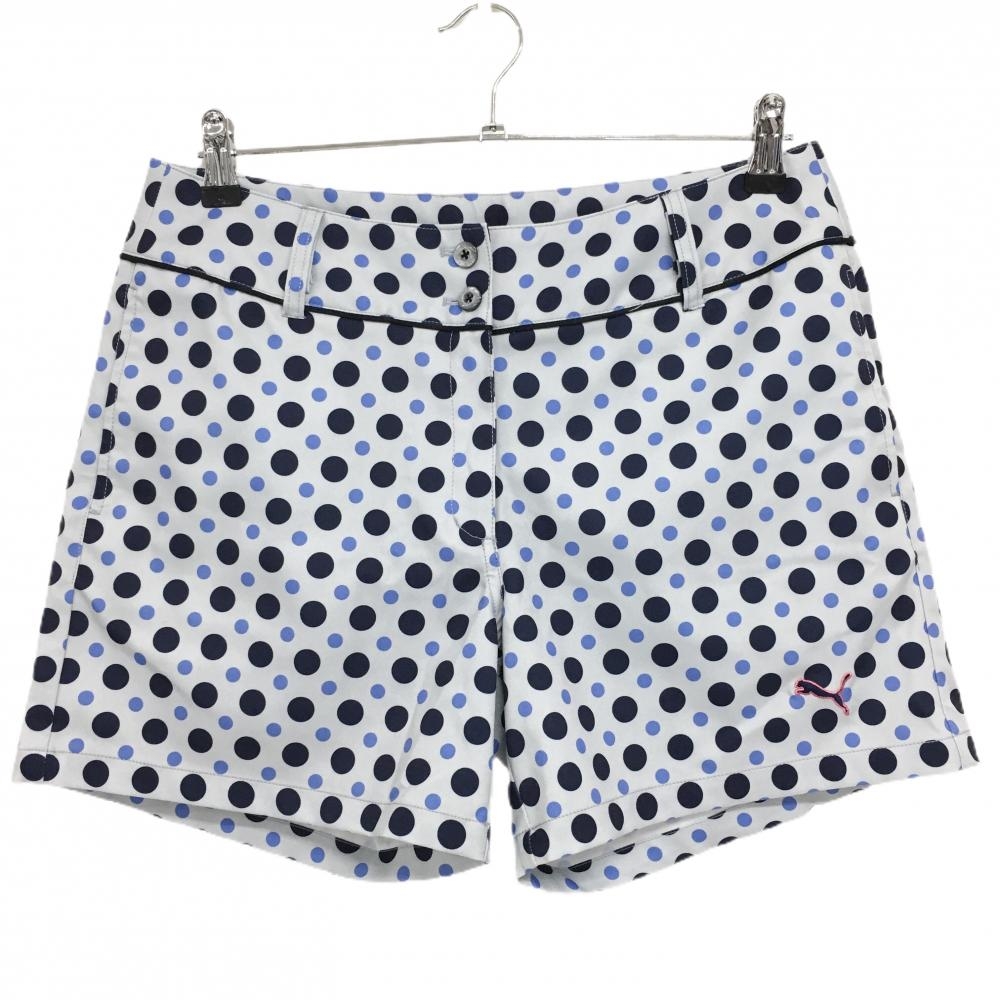 【超美品】プーマ ショートパンツ ライトグレー×ネイビー ドット ストレッチ ロゴ刺しゅう レディース O ゴルフウェア PUMA