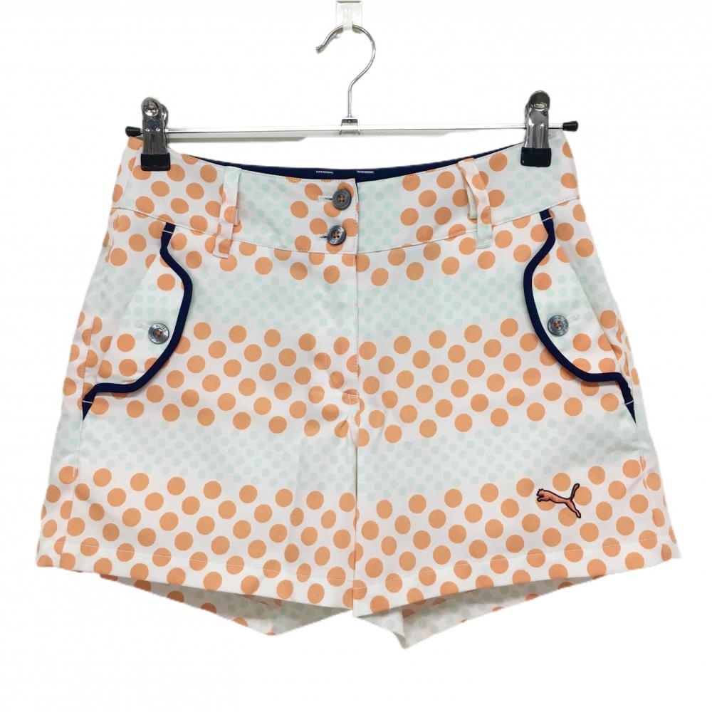 【超美品】プーマ ショートパンツ 白×オレンジ ドット柄 ロゴ刺しゅう レディース S ゴルフウェア PUMA
