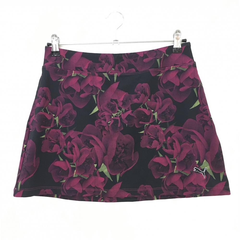 【超美品】プーマ スカート 黒×ピンク 花柄 ストレッチ レディース M ゴルフウェア PUMA