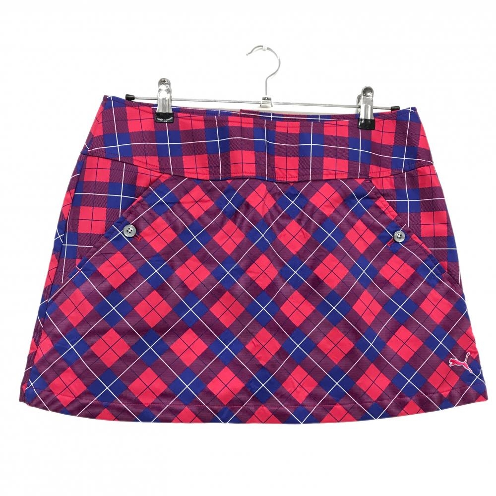 【超美品】プーマ スカート ピンク×ネイビー チェック ストレッチ 裏起毛 インナーパンツ付き  レディース O(XL) ゴルフウェア PUMA