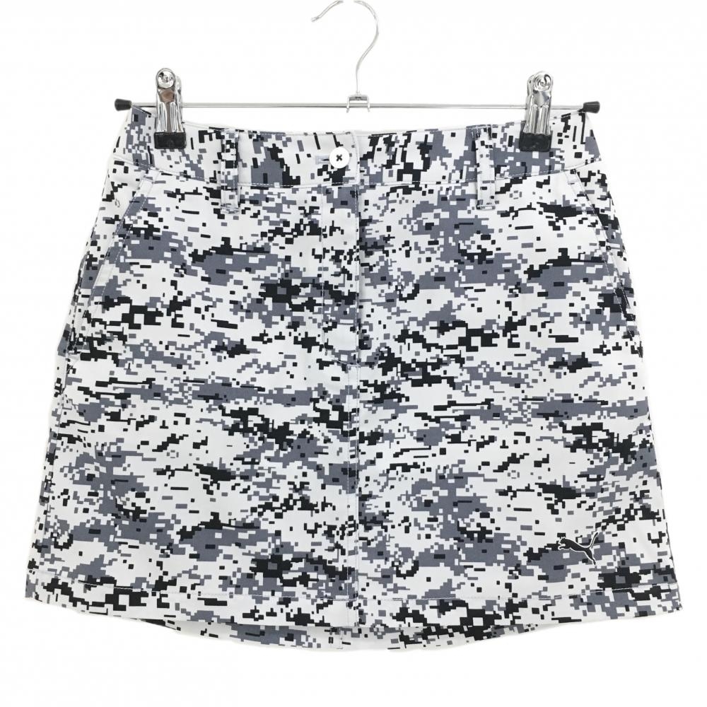 【美品】プーマ スカート 白×グレー 総柄 ロゴ刺しゅう  レディース S ゴルフウェア PUMA