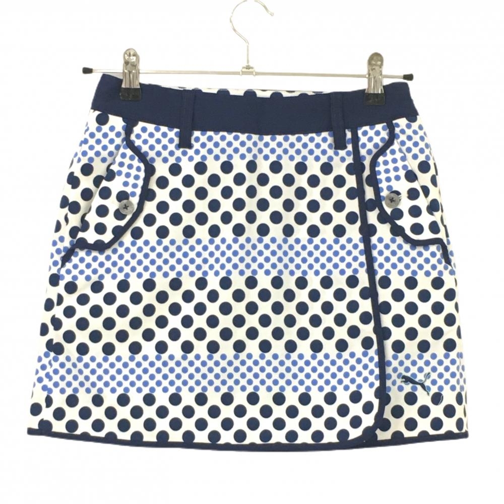 【超美品】プーマ スカート 白×ネイビー 総柄 ドット ロゴ刺しゅう レディース S ゴルフウェア PUMA