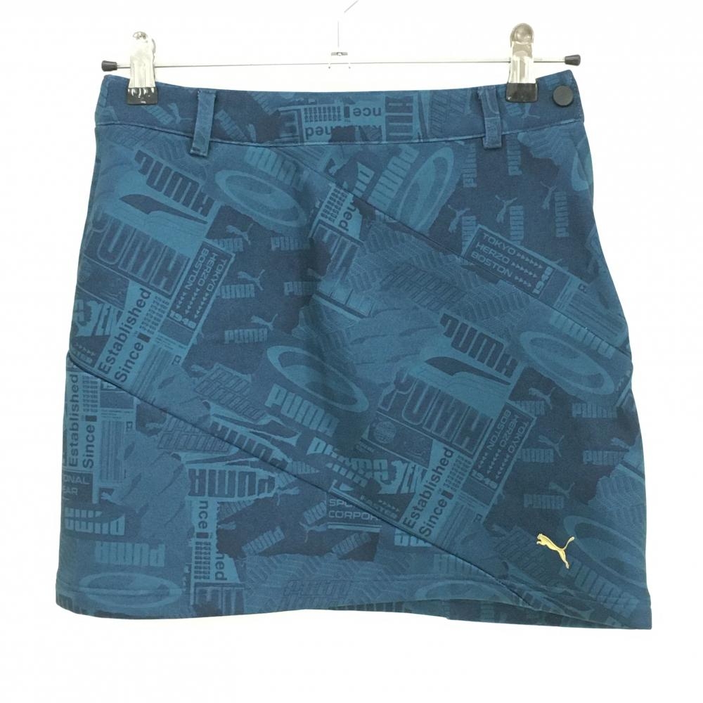 【超美品】プーマ スカート ブルーグリーン系×ネイビー ロゴ総柄 裏起毛 レディース S ゴルフウェア PUMA