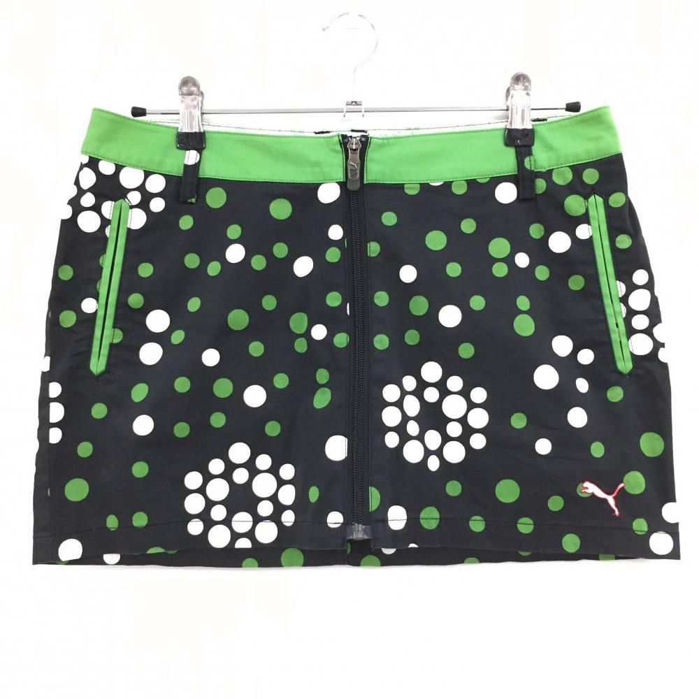 プーマ スカート 黒系×グリーン×白 ドット柄 フロントファスナー レディース 0 ゴルフウェア PUMA