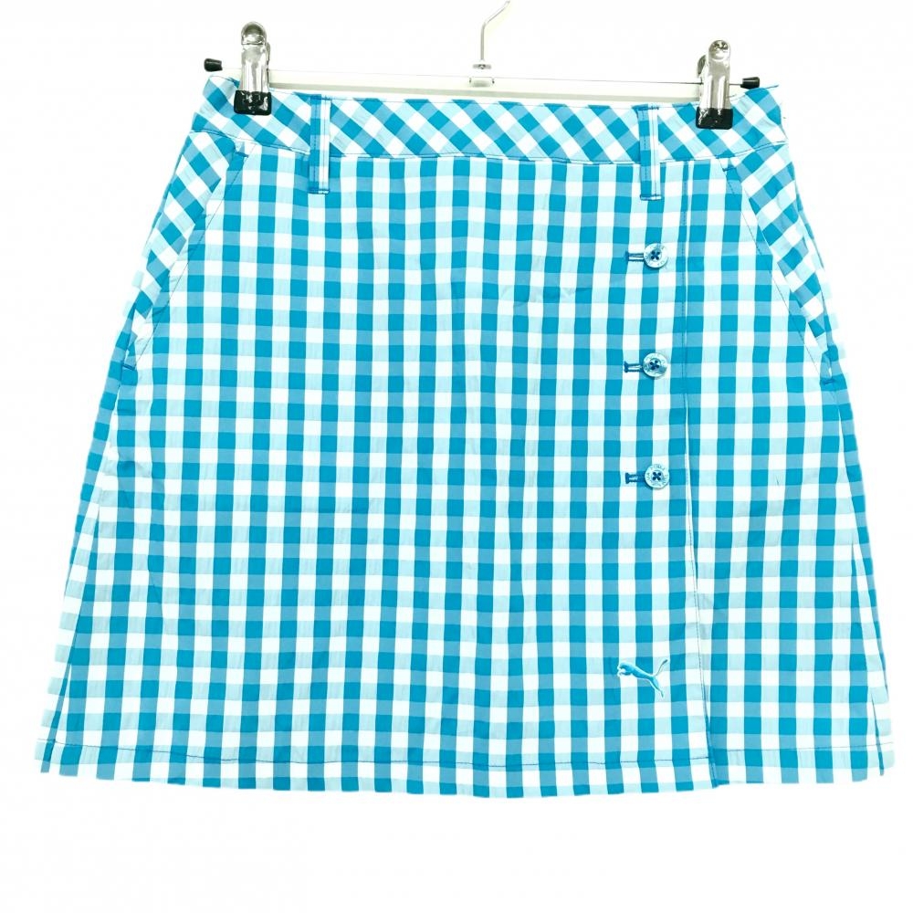 【美品】プーマ スカート ライトブルー×白 チェック サッカー生地 ロゴ刺しゅう サイド汚れ小 レディース L ゴルフウェア PUMA