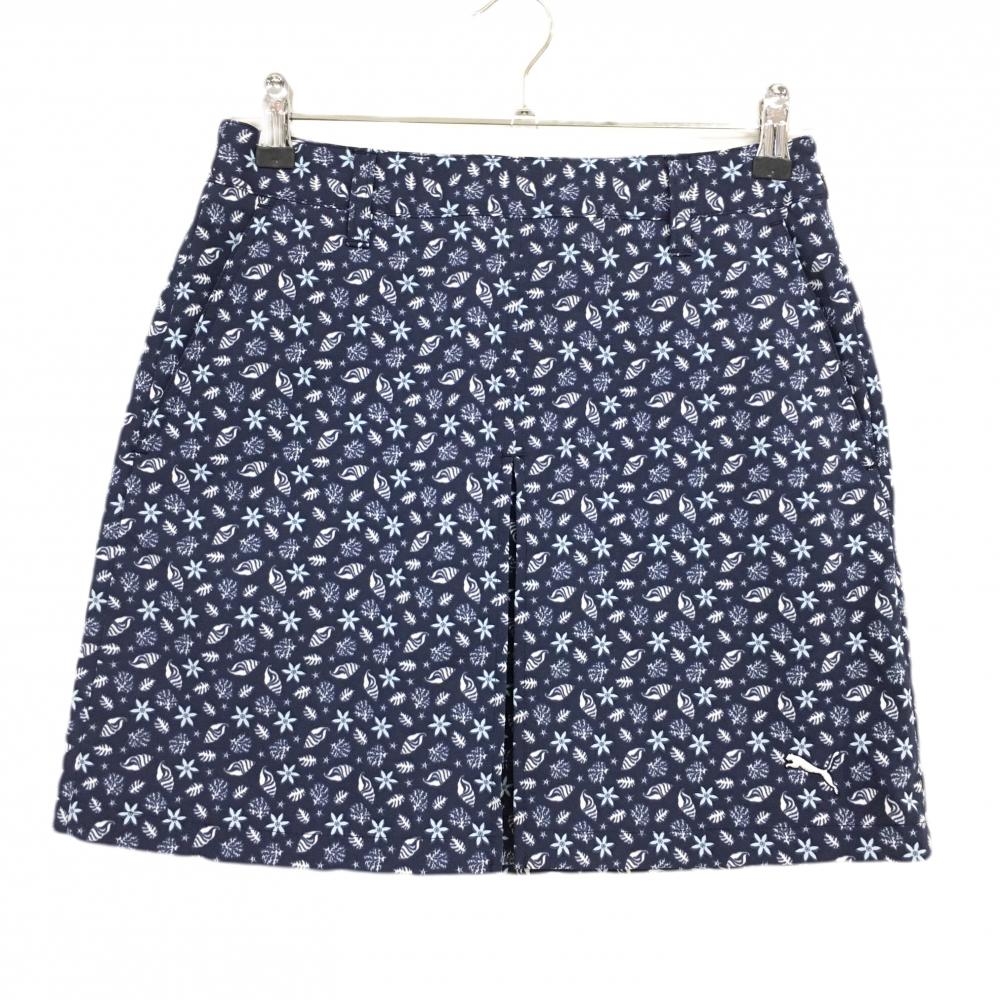【超美品】プーマ スカート ネイビー×白 総柄 花 貝殻 ロゴ刺しゅう レディース M ゴルフウェア PUMA
