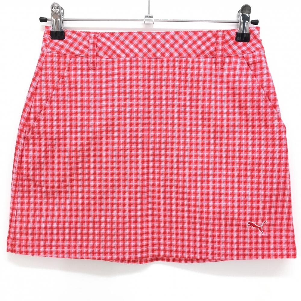 【超美品】プーマ スカート レッド×ピンク チェック ロゴ刺しゅう レディース S ゴルフウェア PUMA