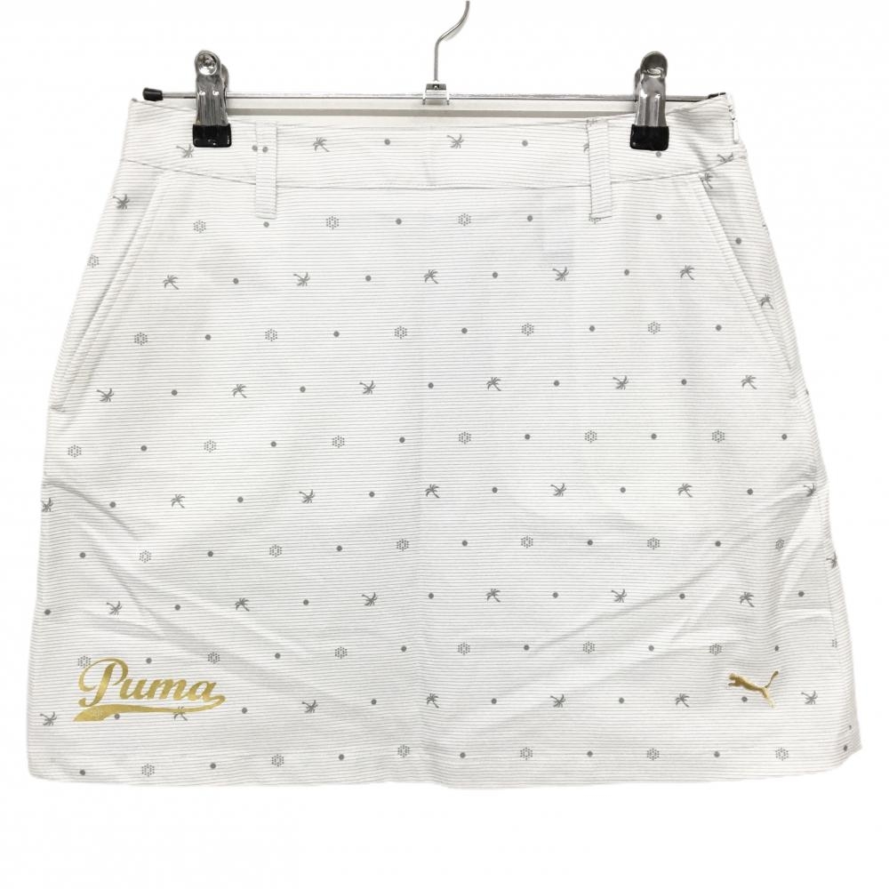 【美品】プーマ スカート 白×グレー ボーダー ドット ヤシの木 レディース L ゴルフウェア PUMA