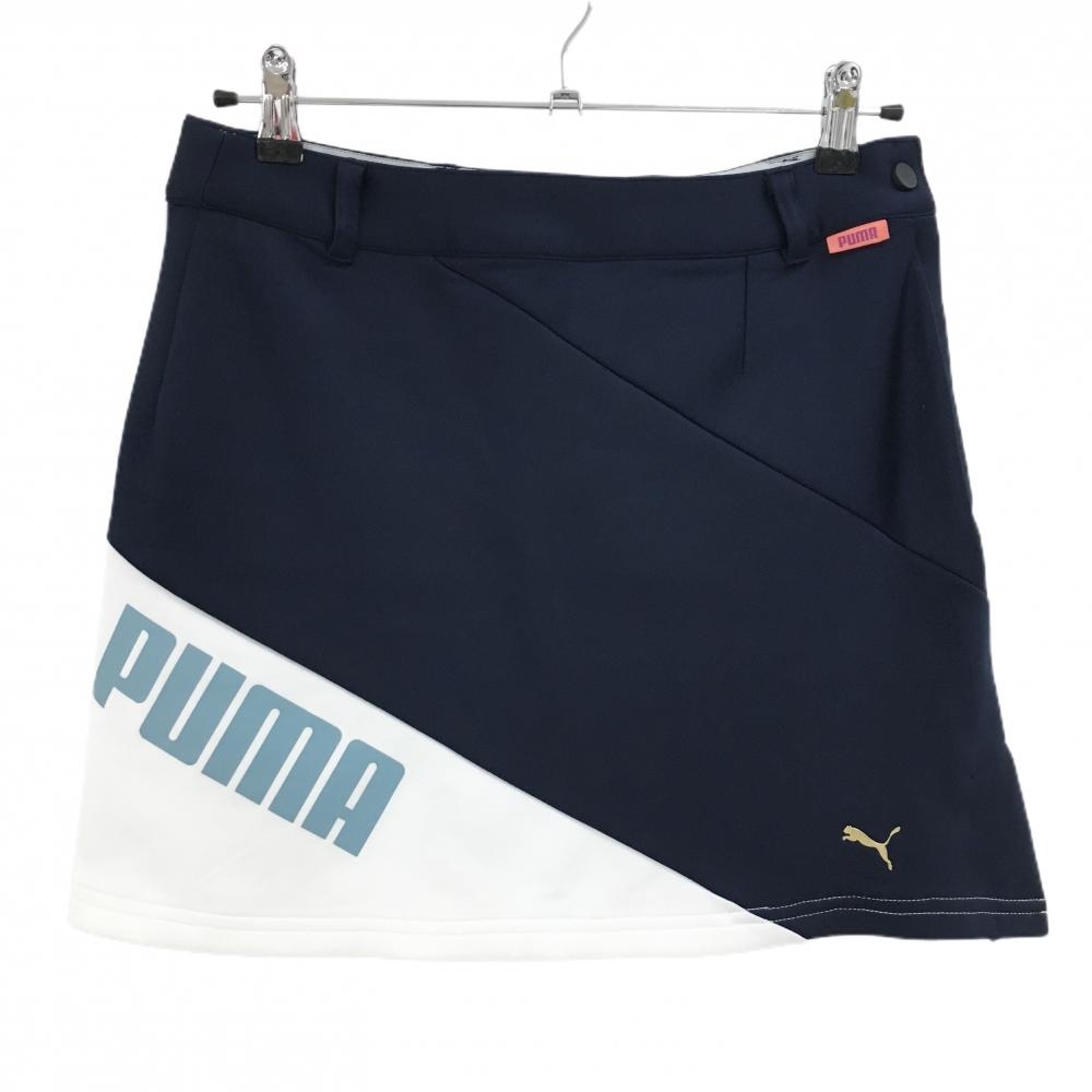 【美品】プーマ スカート ネイビー×白 バイカラー ロゴ DRYCELL レディース L ゴルフウェア PUMA