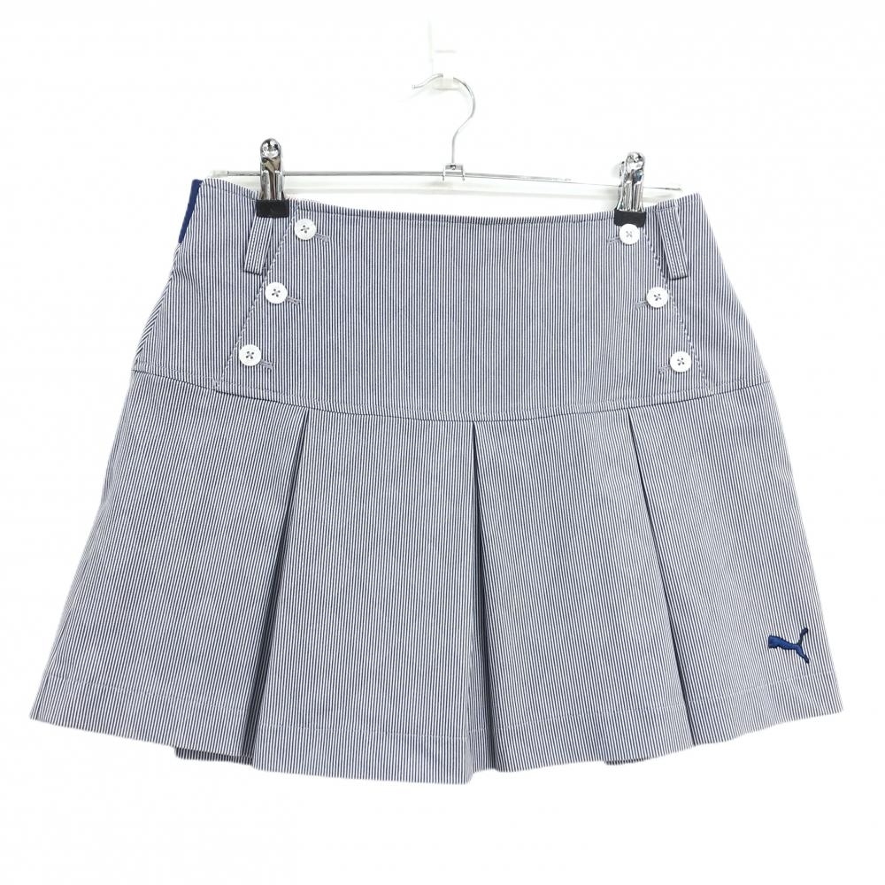 【超美品】プーマ スカート ネイビー×白 細ストライプ調 ダイヤ柄地模様 ボックスプリーツ ティー装着可 レディース O ゴルフウェア PUMA