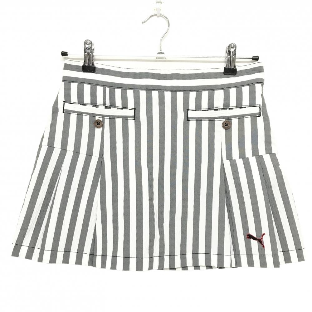 【超美品】プーマ スカート 白×グレー ストライプ サッカー生地 ロゴ刺しゅう レディース S ゴルフウェア PUMA