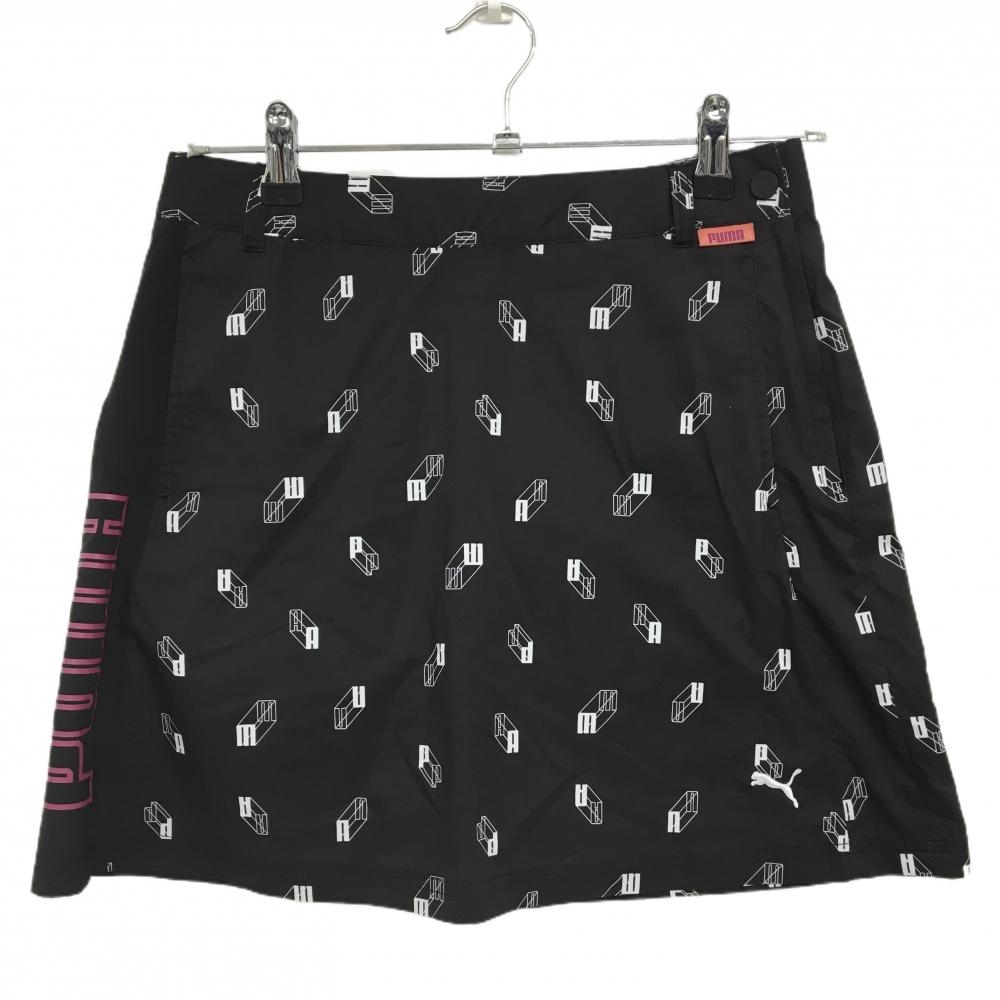 【美品】プーマ スカート 黒系×白 総柄 サイドロゴプリント シャカシャカ  レディース L ゴルフウェア PUMA