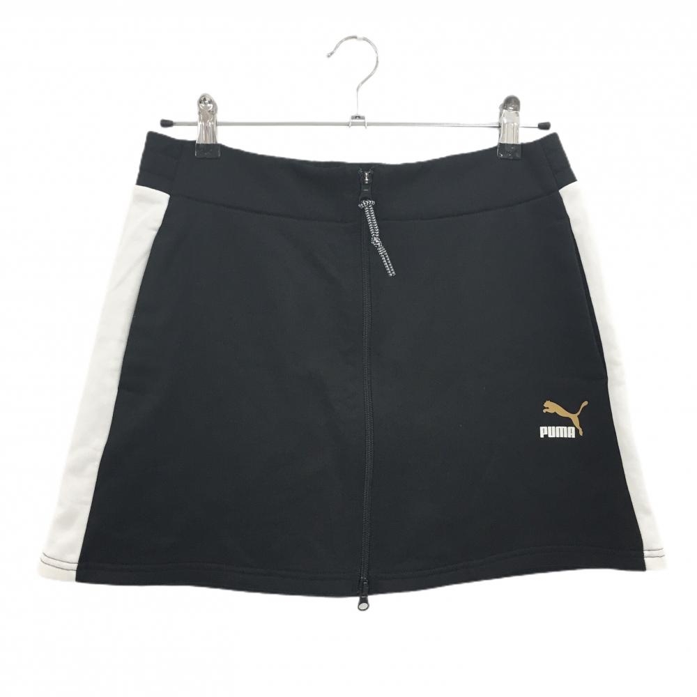 【美品】プーマ スカート 黒×白 サイドライン フロントジップ ロゴプリント レディース M ゴルフウェア PUMA