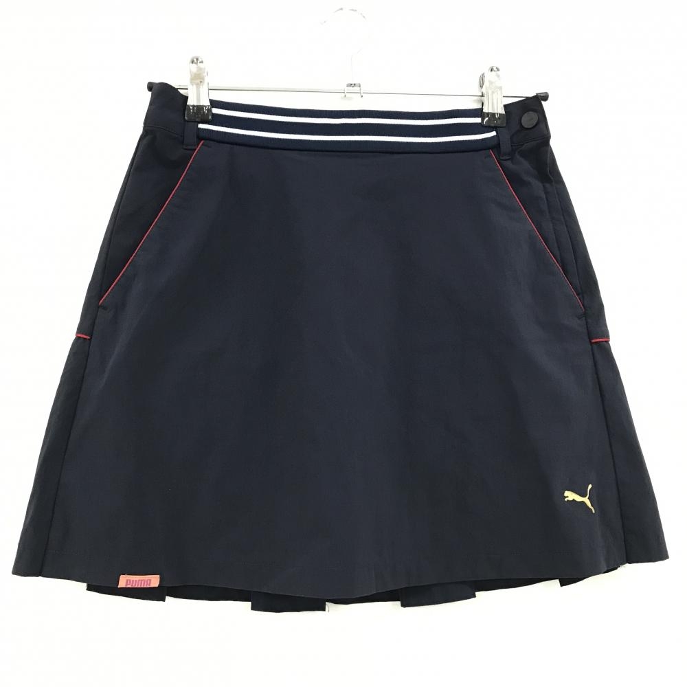 【美品】プーマ スカート ネイビー×レッド×白 後ろボックスプリーツ 裾ロゴ レディース M ゴルフウェア PUMA