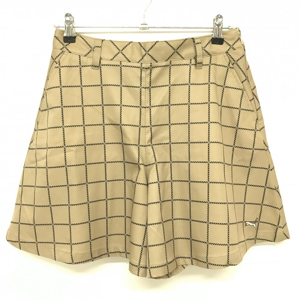 【超美品】プーマ キュロットスカート ベージュ×黒 格子柄 ロゴ刺しゅう レディース XL ゴルフウェア PUMA