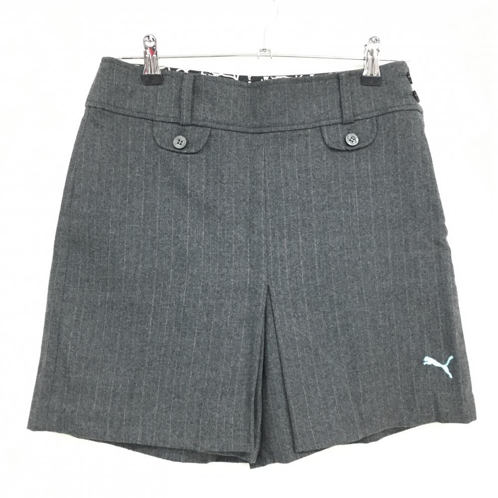 【超美品】プーマ ウールキュロットスカート ダークグレー×ベージュ系 ストライプ調 裾ロゴ レディース M ゴルフウェア PUMA