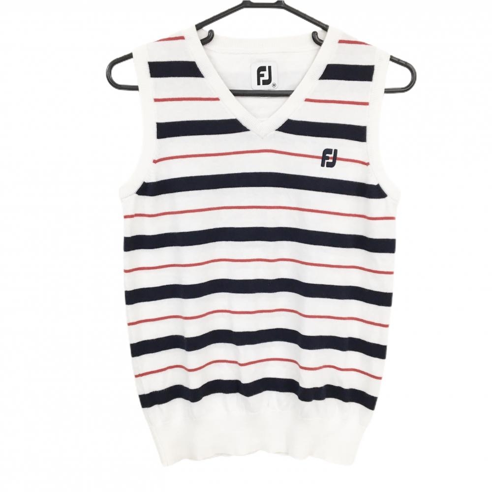 【美品】フットジョイ ニットベスト 白×ネイビー ボーダー ロゴ刺しゅう Vネック レディース M ゴルフウェア FootJoy