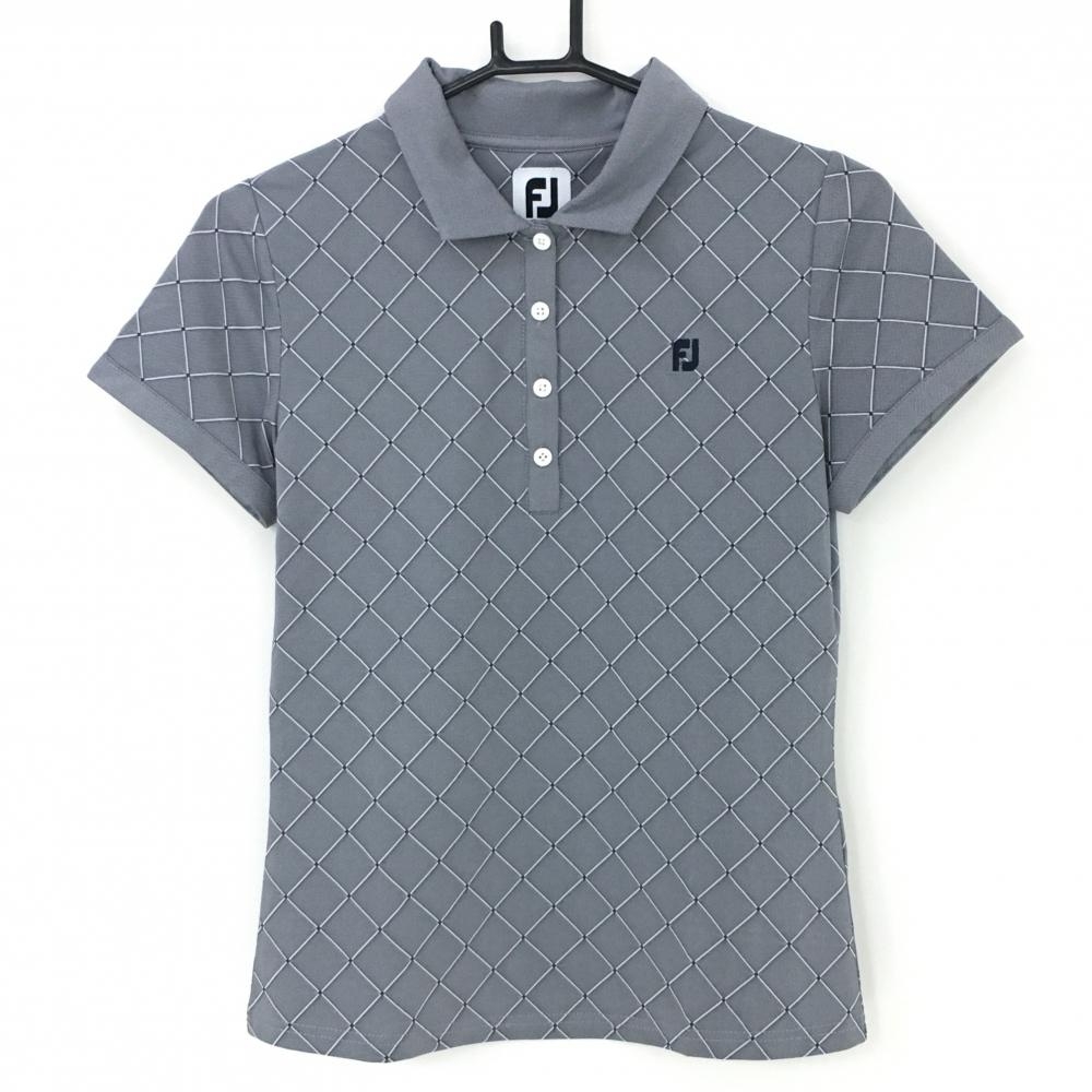 【超美品】フットジョイ 半袖ポロシャツ グレー系×白 チェック ロゴネイビー レディース S ゴルフウェア FootJoy