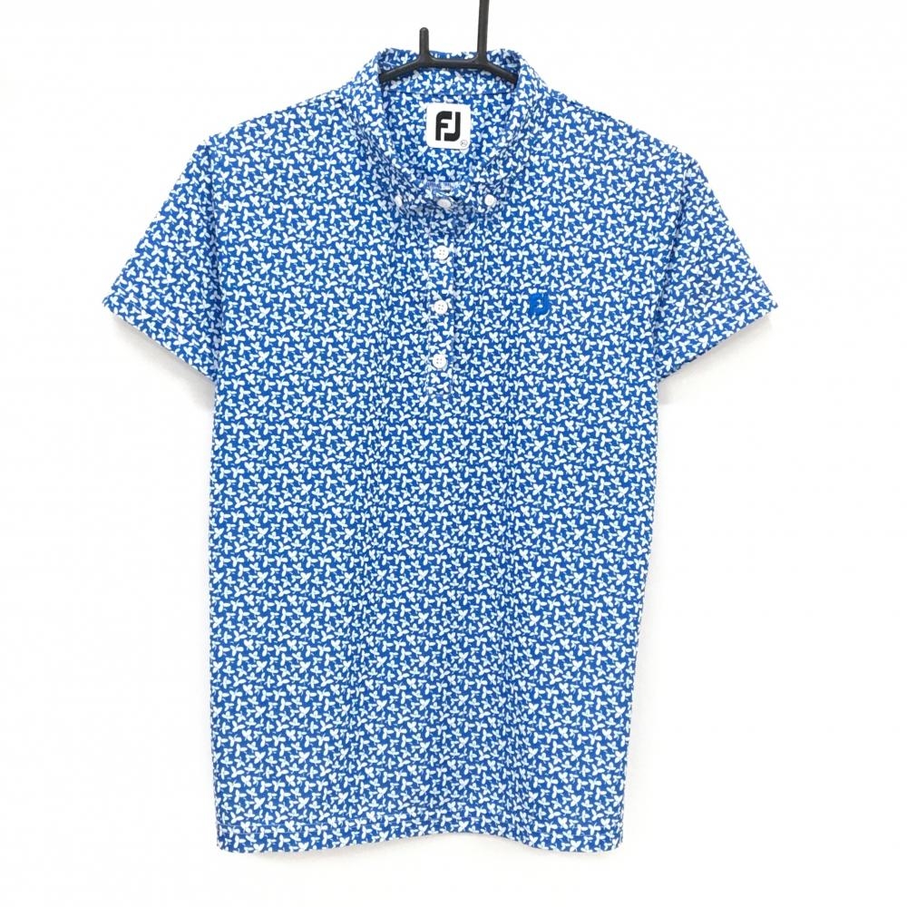 フットジョイ 半袖ポロシャツ ブルー×白 小花柄 ボタンダウン レディース XL ゴルフウェア FootJoy