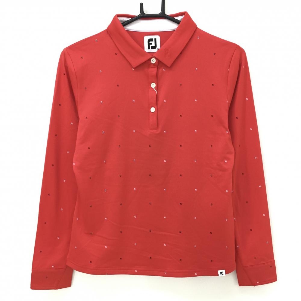 【新品】フットジョイ 長袖ポロシャツ レッド×白 ロゴ総柄 裏微起毛 4WAYストレッチ 吸汗速乾 レディース M ゴルフウェア FootJoy