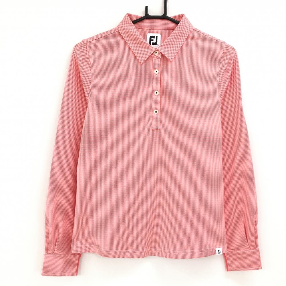 【超美品】フットジョイ 長袖ポロシャツ オレンジレッド×白 千鳥格子 レディース L ゴルフウェア FootJoy