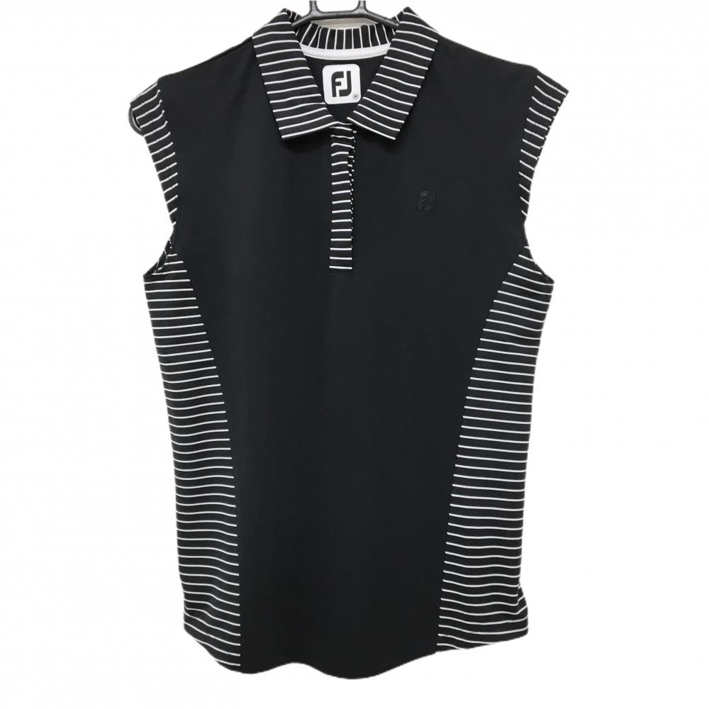 【超美品】フットジョイ ノースリーブポロシャツ 黒×白 一部ボーダー ロゴ刺しゅう ストレッチ レディース M ゴルフウェア FootJoy