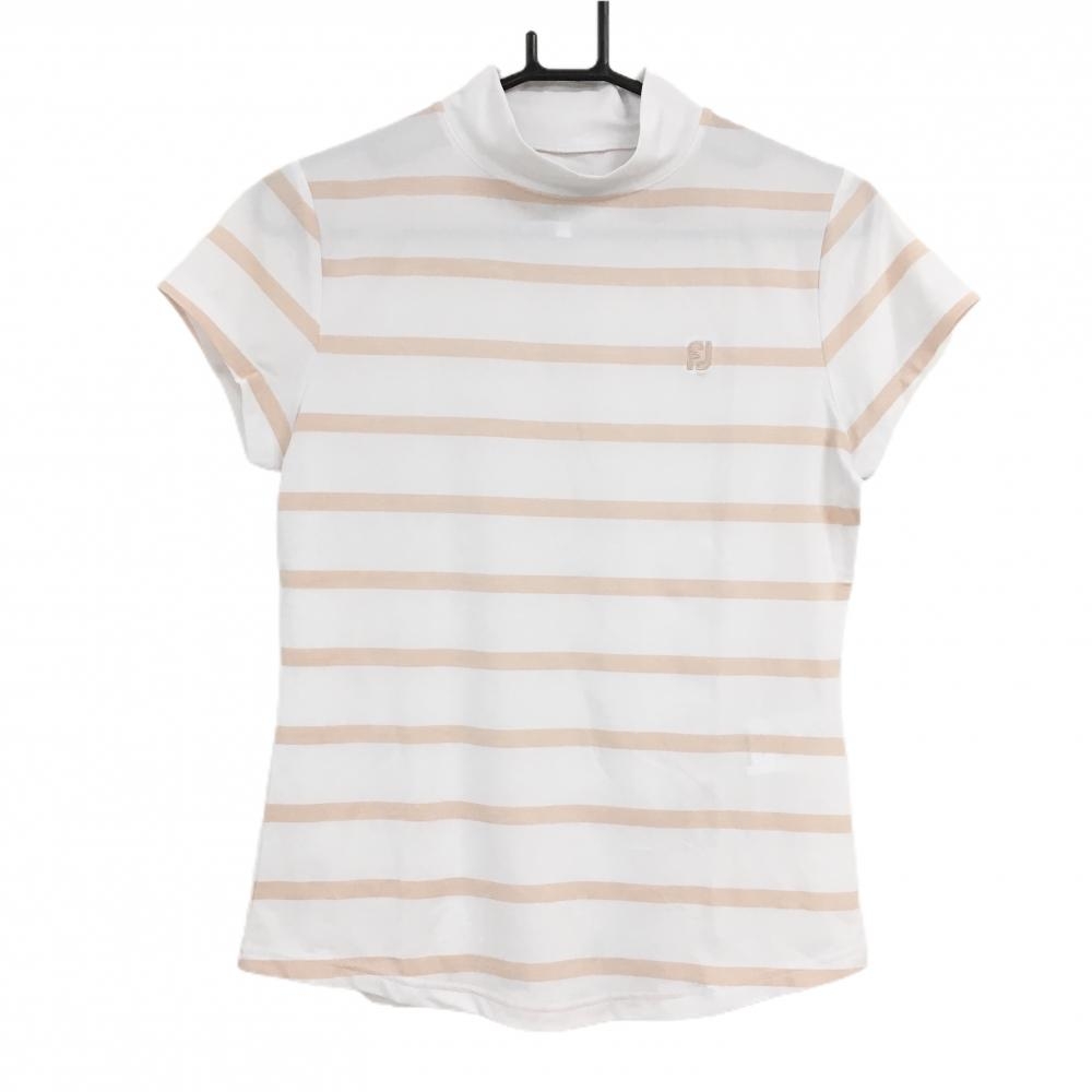 【美品】フットジョイ 半袖ハイネックシャツ 白×ピンク ボーダー レディース M ゴルフウェア 2023年モデル FootJoy