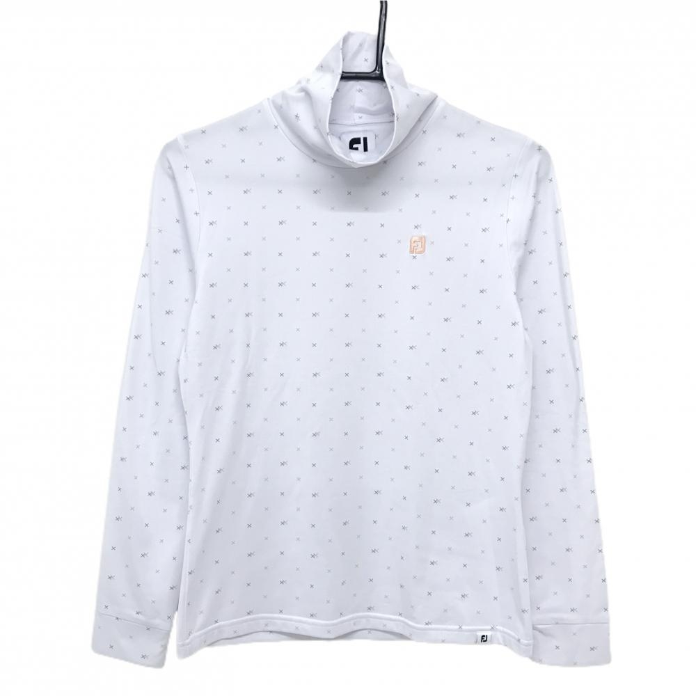 【超美品】フットジョイ 長袖タートルネックシャツ 白×オレンジ 総柄 ロゴ刺しゅう レディース M ゴルフウェア FootJoy