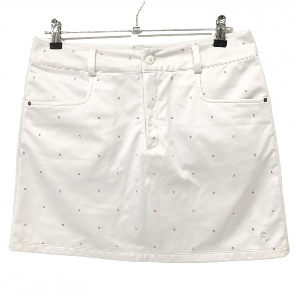 【美品】フットジョイ スカート 白×ブルー ロゴ総柄 裾刺しゅう レディース XL ゴルフウェア FootJoy