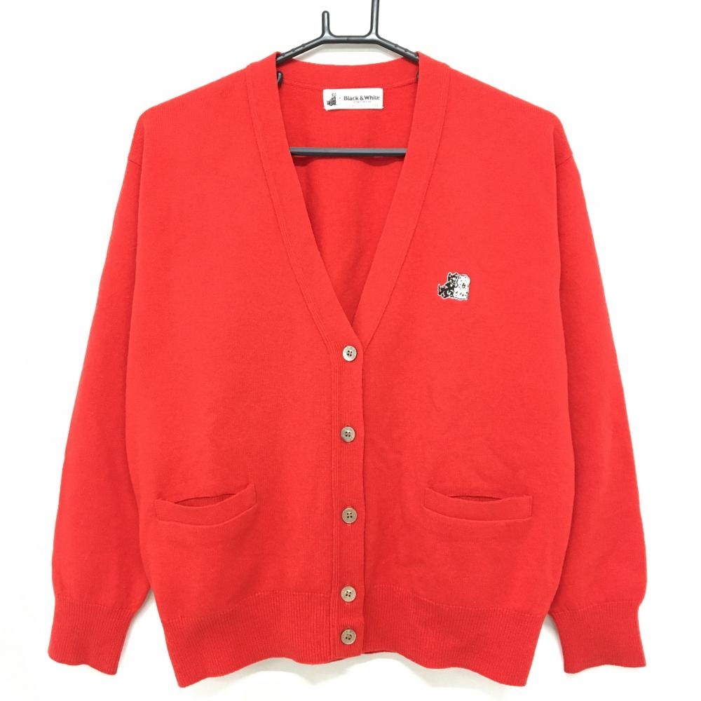 【美品】ブラックアンドホワイト カーディガン レッド ロゴ刺しゅう ウール混 レディース 11 ゴルフウェア Black＆White