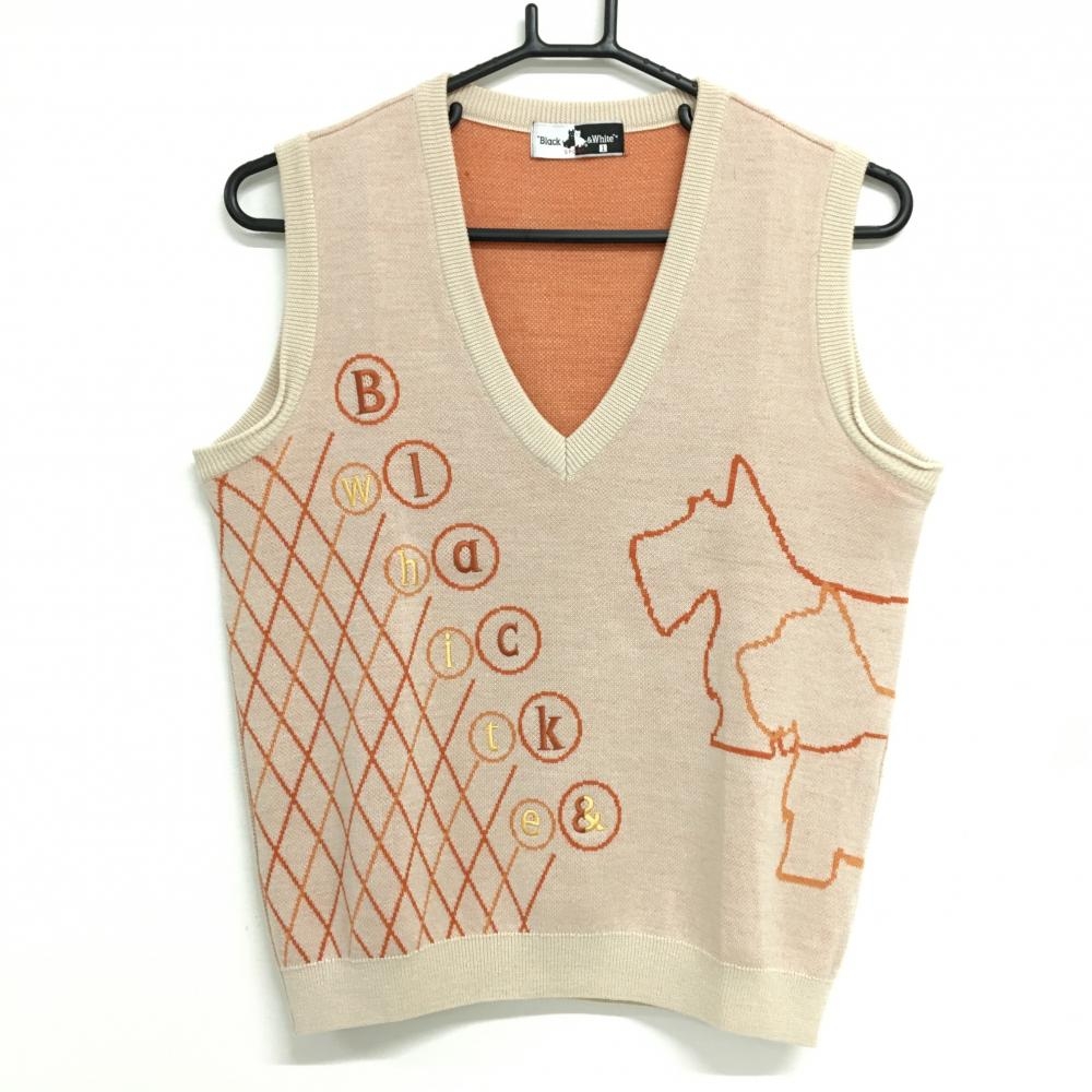 【超美品】ブラックアンドホワイト ベスト ベージュ×オレンジ テリア柄 ウール100% レディース 1(S) ゴルフウェア Black＆White
